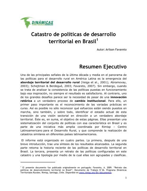 Catastro de polÃ­ticas de desarrollo territorial en Brasil ... - Rimisp
