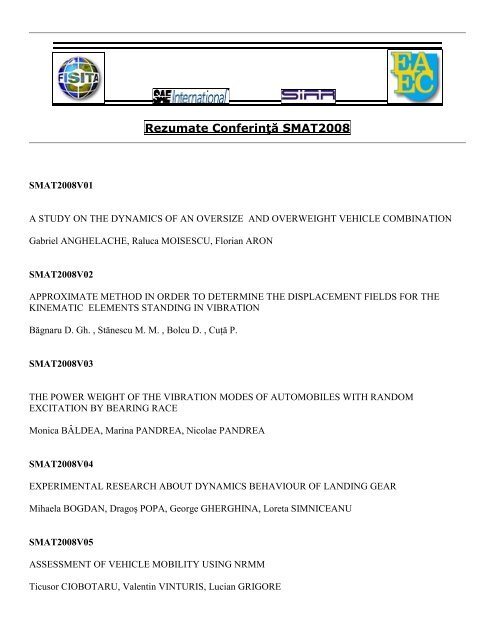 Rezumate ConferinŃă SMAT2008 - Facultatea de Mecanica ...