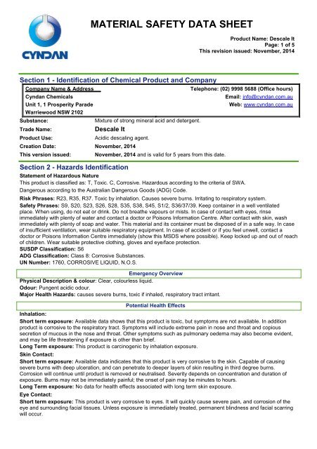 Descale It - MSDS - CYNDAN Chemicals