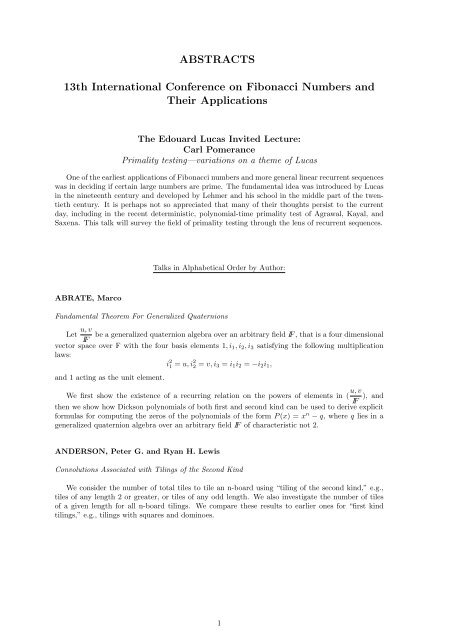 Abstracts 13th International Conference On Fibonacci Numbers