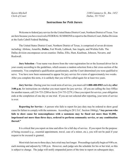 Instructions for Petit Jurors - US District Court - Northern District of ...