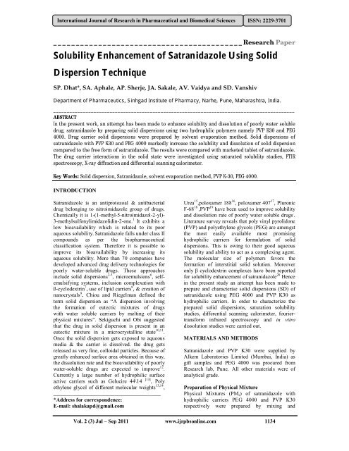 Solubility Enhancement of Satranidazole Using Solid Dispersion ...