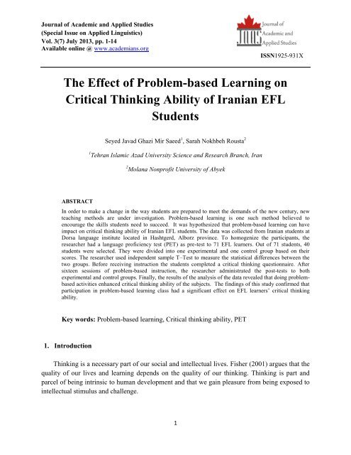 The Effect of Problem-based Learning on Critical Thinking Ability of ...
