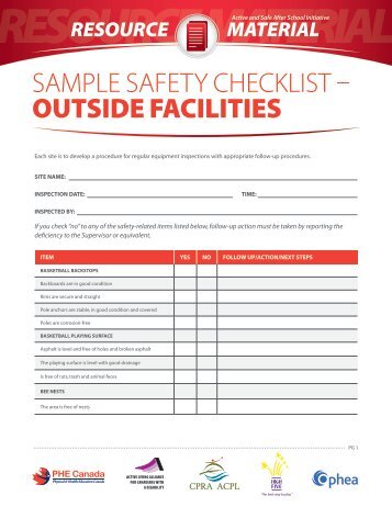 SAMPLE SAFETY CHECKLIST â OUTSIDE FACILITIES - PHE Canada