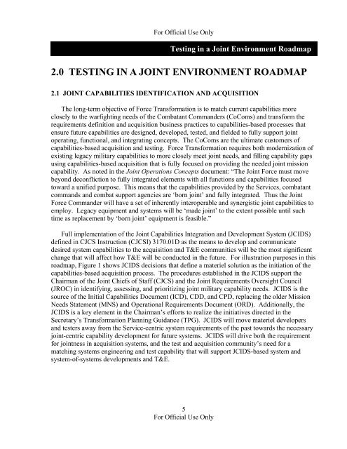 Testing in a Joint Environment Roadmap - U.S. Army Operational ...