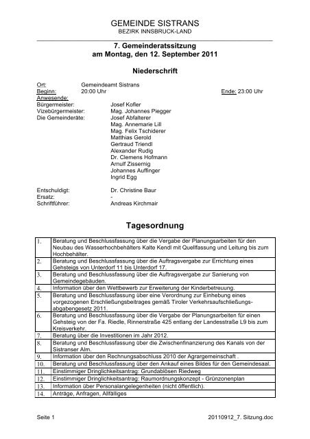 GEMEINDE SISTRANS Tagesordnung