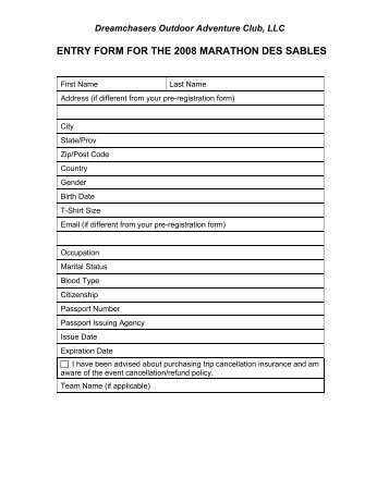 entry form for the 2008 marathon des sables - Dreamchasers ...