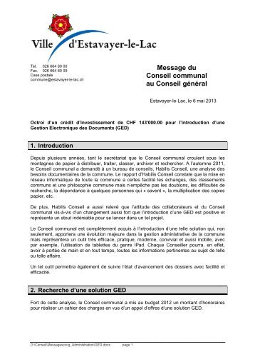 Message du Conseil communal au Conseil général - Estavayer-le-Lac