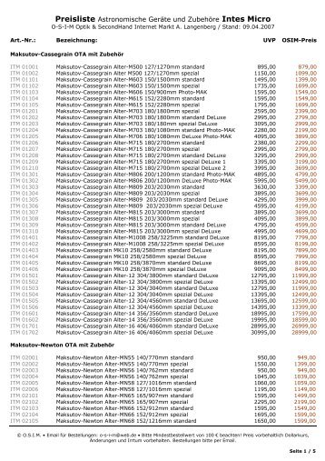 Preisliste Astronomische Geräte und Zubehöre Intes Micro