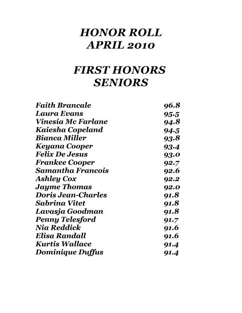 HONOR ROLL APRIL 2010 FIRST HONORS FRESHMEN