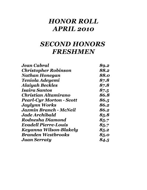 HONOR ROLL APRIL 2010 FIRST HONORS FRESHMEN