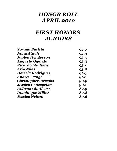 HONOR ROLL APRIL 2010 FIRST HONORS FRESHMEN