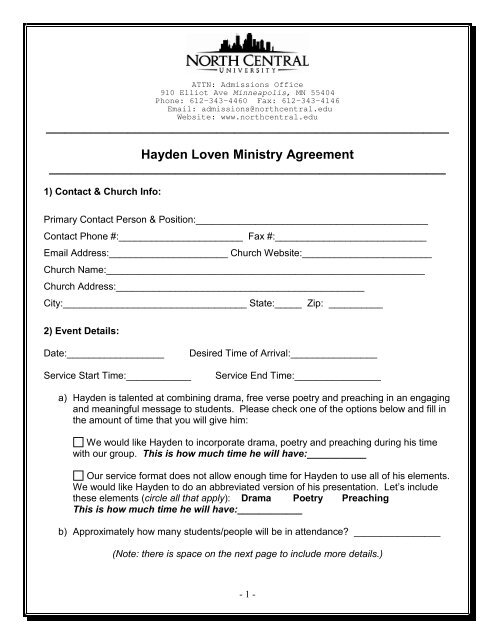 Hayden Loven Ministry Agreement - North Central University