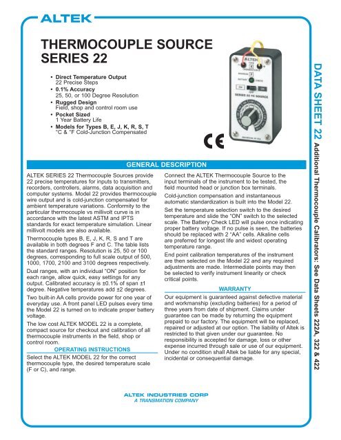 F ALTEK TYPE K THERMOCOUPLE SERIES 22 TC SOURCE DEGREES