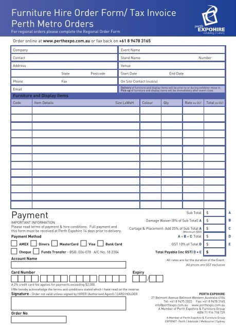 Furniture Hire Order Form/ Tax Invoice Perth Metro Orders Payment