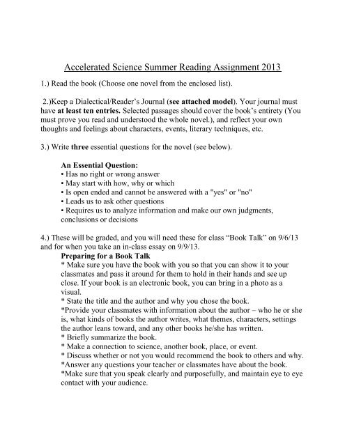 7th Grade Summer Reading Assignment