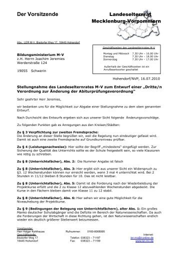 Stellungnahme zum Entwurf einer - Landeselternrat Mecklenburg ...