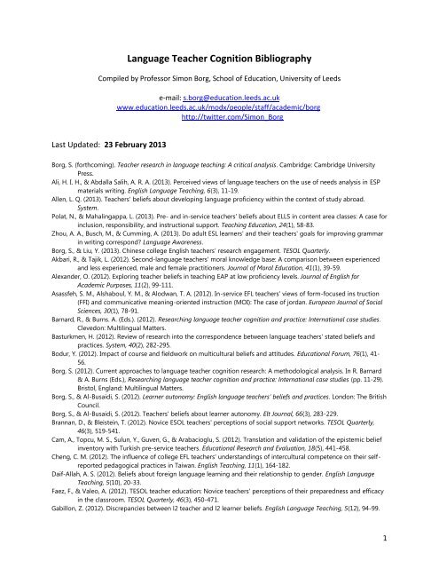 Language Teacher Cognition Bibliography - School of Education