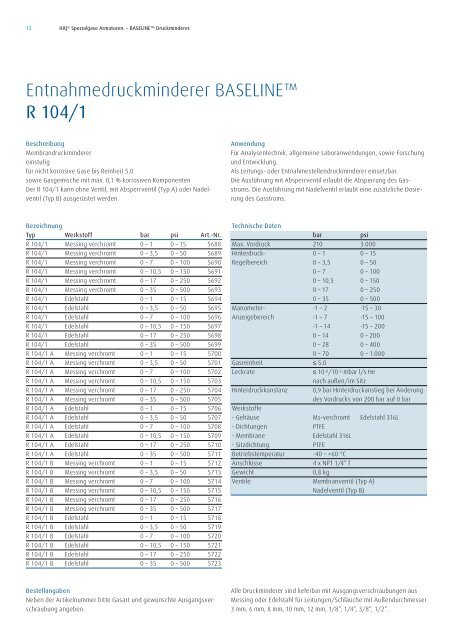 HiQÂ® Spezialgase Armaturen. BASELINE ... - Linde Gas