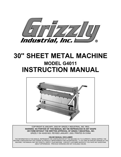 30'' sheet metal machine - Grizzly Industrial Inc.