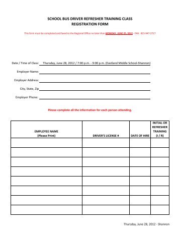 school bus driver refresher training class registration form