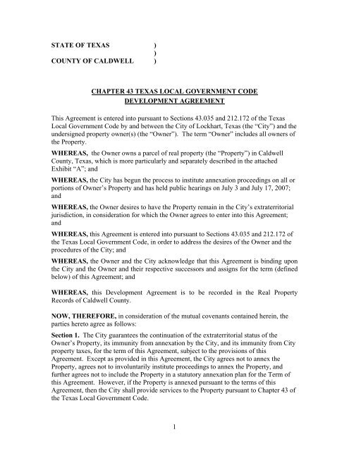 Annexation Development Agreement Example (H.B. 1472) - Texas ...