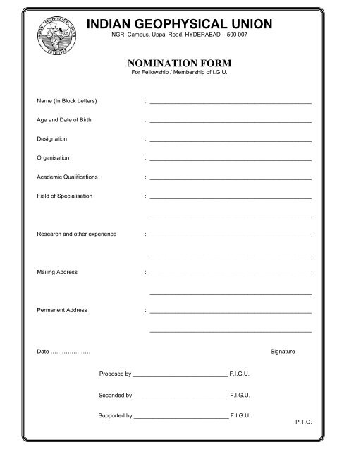 Nomination form for enrolling Life Membership - IGU