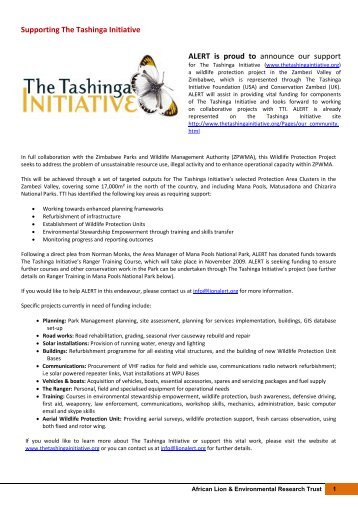 Supporting The Tashinga Initiative ALERT is proud to announce our ...