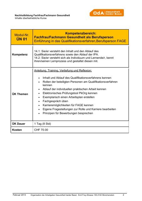 Modulbeschreibung Ãberbetriebliche Kurse - OdA Gesundheit