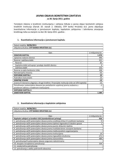 JAVNA OBJAVA BONITETNIH ZAHTJEVA - OTP banka dd