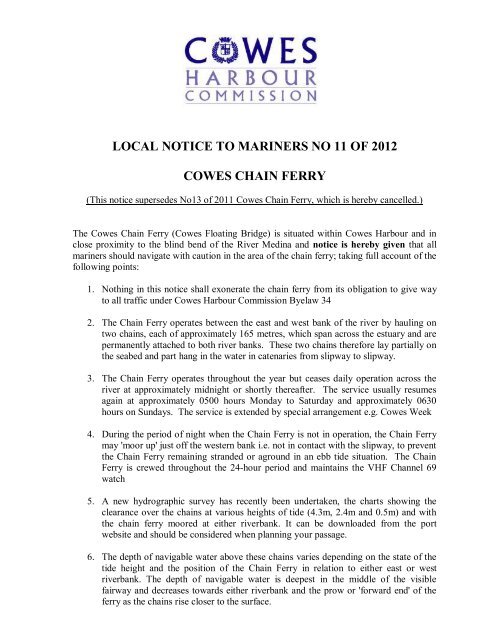 local notice to mariners no 11 of 2012 cowes chain ferry