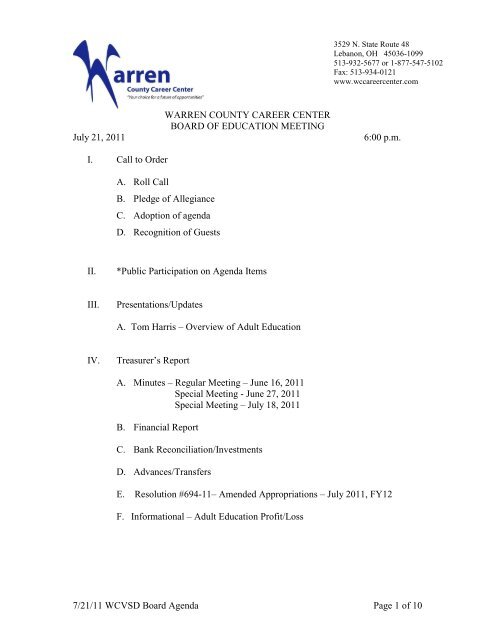 Agenda - Warren County Career Center