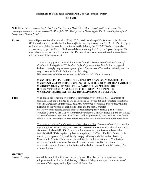 Mansfield ISD Student-Parent iPad Use Agreement / Policy 2013-2014