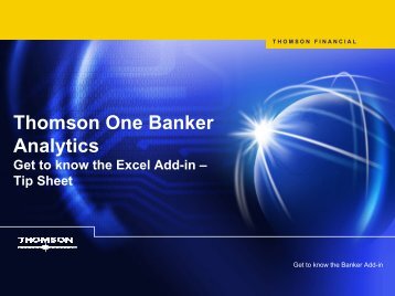 Thomson One Banker Analytics Get to know the Excel Add-in