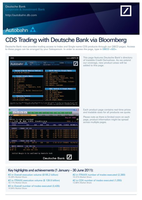 CDS Trading with Deutsche Bank via Bloomberg - Autobahn