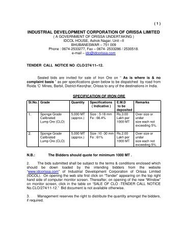 industrial development corporation of orissa limited - Tender