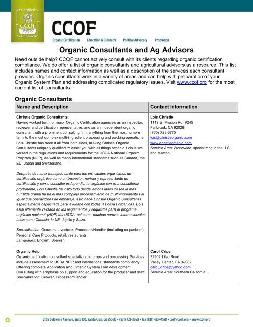 Organic Consultants and Ag Advisors - CCOF