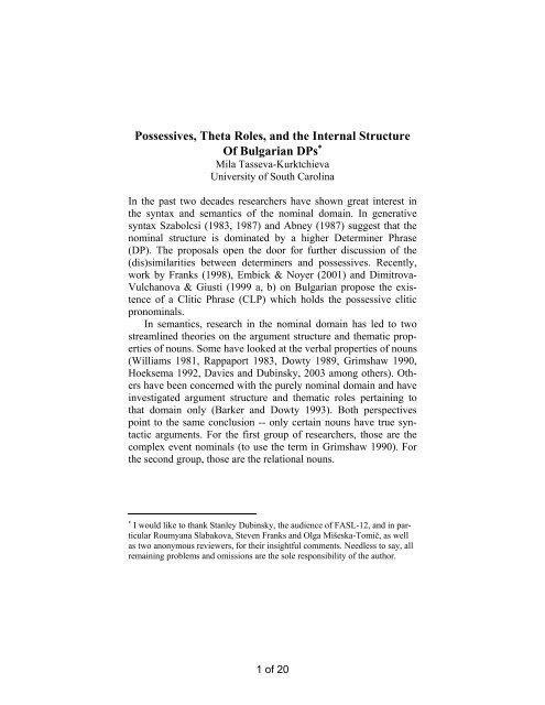 Possessives, Theta Roles, and the Internal Structure of Bulgarian DPs