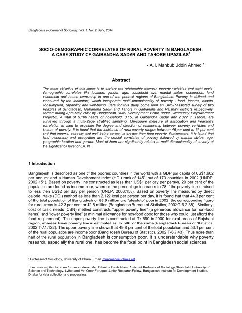 socio-demographic correlates of rural poverty in bangladesh