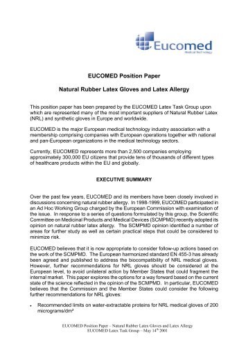Eucomed Position paper: Natural rubber latex gloves and latex allergy