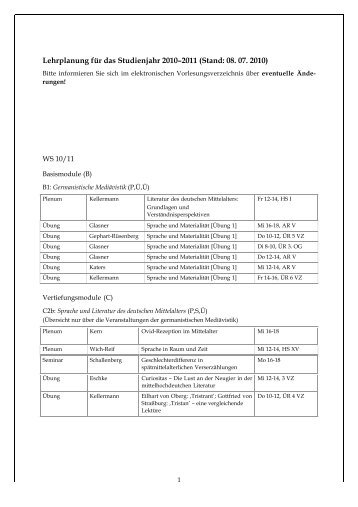 Lehrplanung für das Studienjahr 2010–2011 (Stand: 08. 07. 2010)
