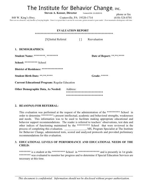 Sample Evaluation Report For A Child In Need Of Special Education 