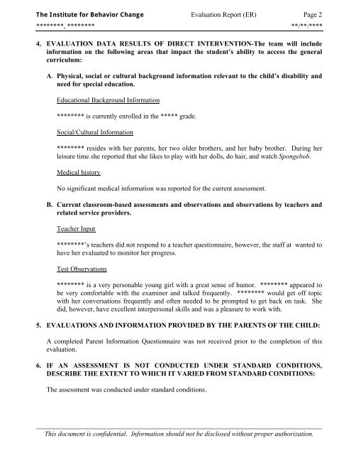 Sample Evaluation Report for a child in need of Special Education ...