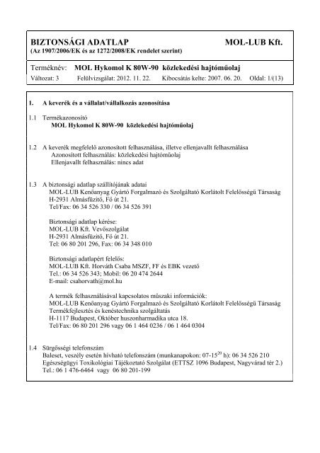 BiztonsÃ¡gi adatlap - MOL Hykomol K 80W-90 (pdf, 186 kB)