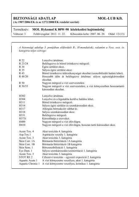 BiztonsÃ¡gi adatlap - MOL Hykomol K 80W-90 (pdf, 186 kB)