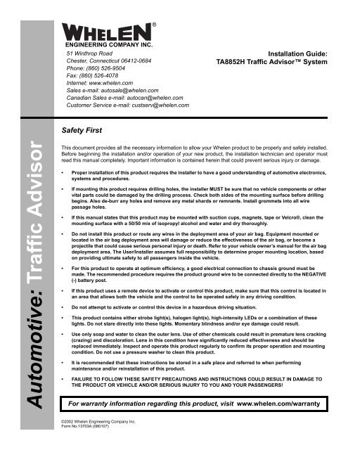 13703: TA8852H Traffic Advisor System - Whelen Engineering | Whelen Traffic Advisor Wiring Diagram | | Yumpu