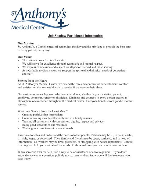 Job Shadow Participant Information - St. Anthony's Medical Center