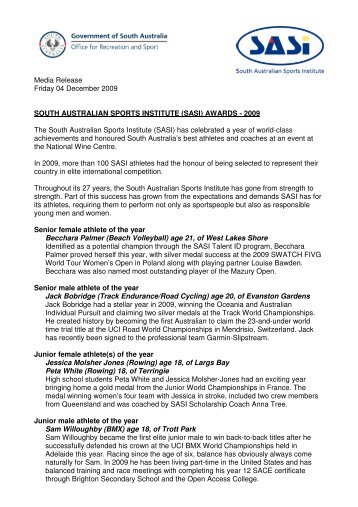 (SASI) AWARDS - 2009 The South Australian Sports Institu