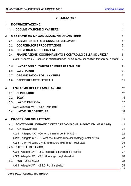 QUADERNO DELLA SICUREZZA NEI CANTIERI EDILI