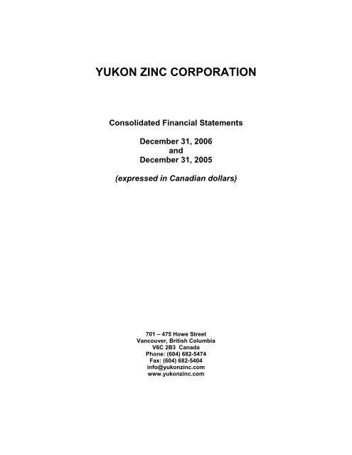 YUKON ZINC CORPORATION